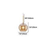 "An amber glass pendant light in a small spherical shape, showing dimensions of 59 inches and 7.8 inches."