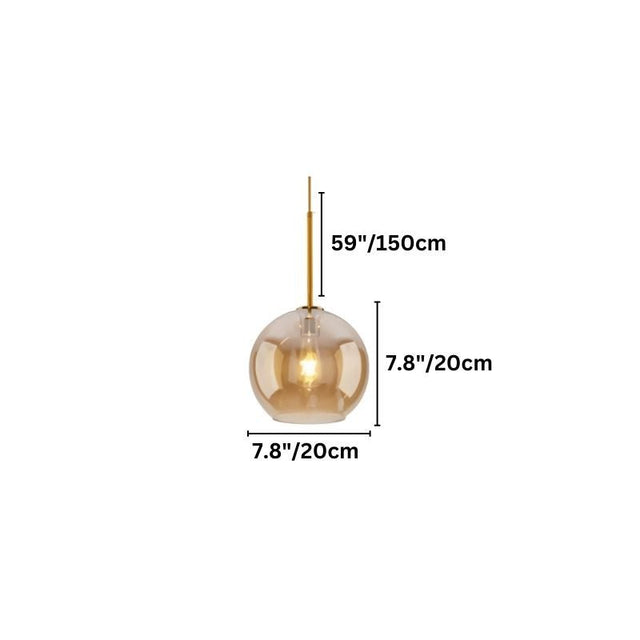 "An amber glass pendant light in a small spherical shape, showing dimensions of 59 inches and 7.8 inches."