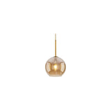 "A small amber glass pendant light in a spherical shape, suspended by a thin rod."