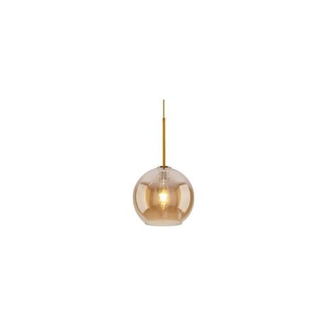 "A small amber glass pendant light in a spherical shape, suspended by a thin rod."