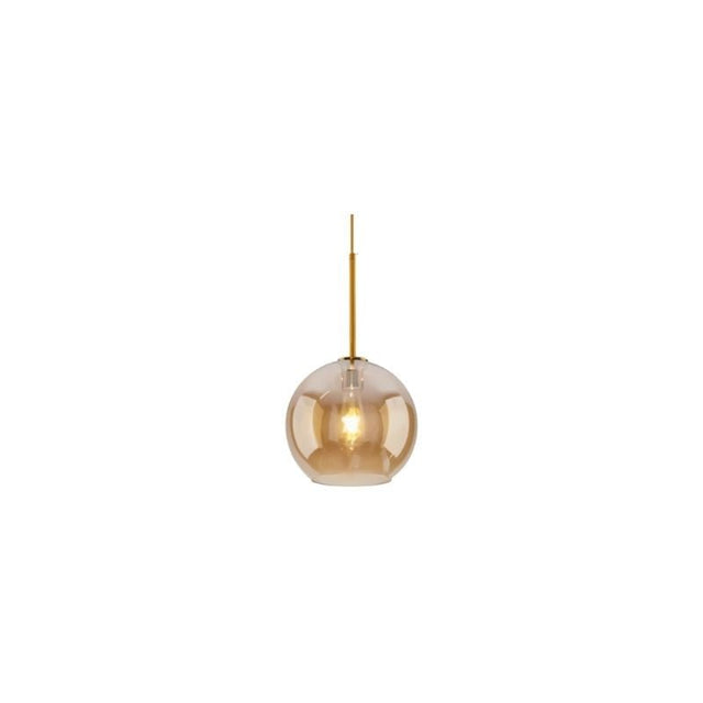 "A small amber glass pendant light in a spherical shape, suspended by a thin rod."