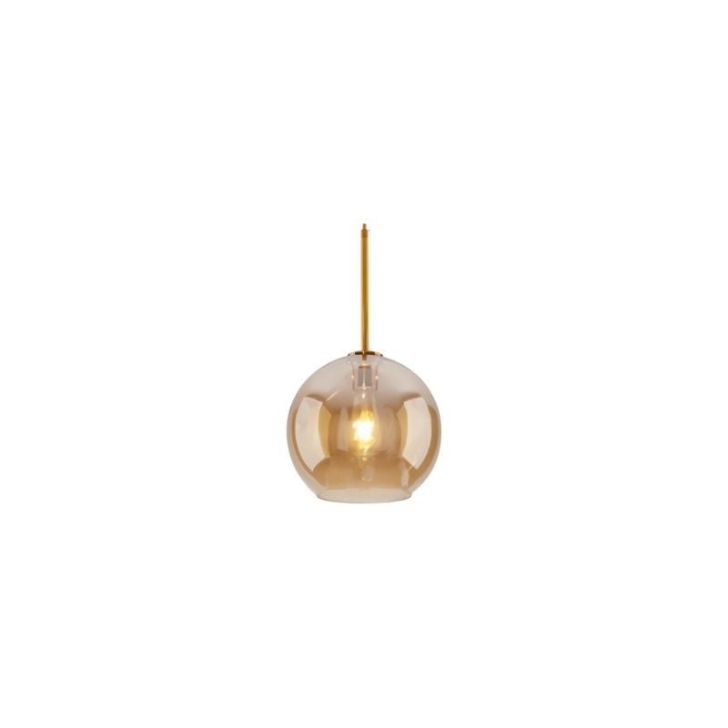 "An amber glass pendant light in a spherical shape, suspended by a thin rod."