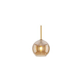 "An amber glass pendant light in a spherical shape, suspended by a thin rod."