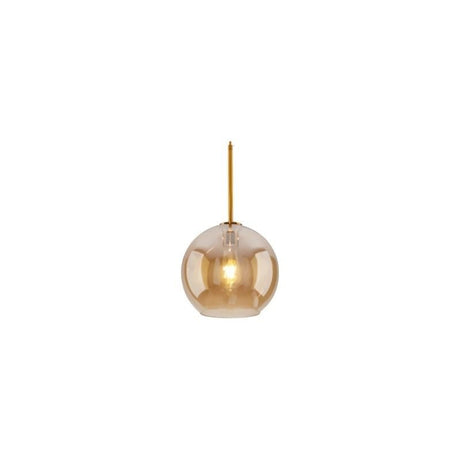 "An amber glass pendant light in a spherical shape, suspended by a thin rod."