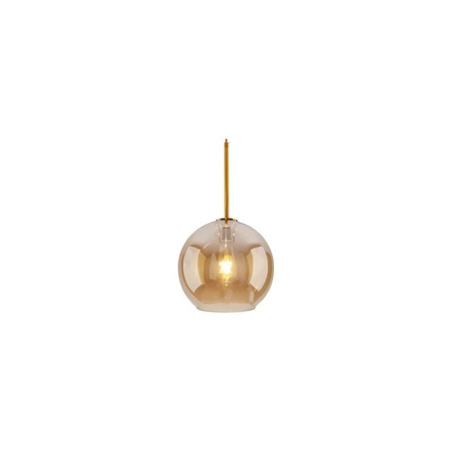 "An amber glass pendant light in a spherical shape, suspended by a thin rod."