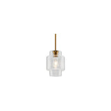 "A clear glass pendant light in a cylindrical shape, suspended by a thin rod."