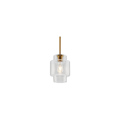 "A clear glass pendant light in a cylindrical shape, suspended by a thin rod."