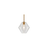 "A clear glass pendant light with a geometric shape, suspended by a thin rod."