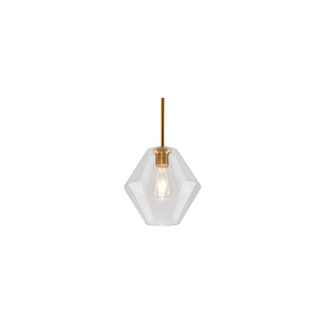 "A clear glass pendant light with a geometric shape, suspended by a thin rod."