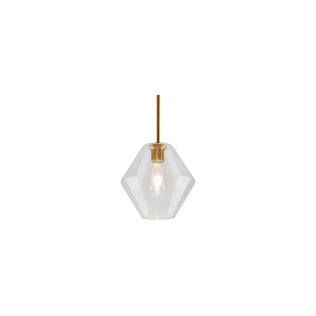 "A clear glass pendant light with a geometric shape, suspended by a thin rod."