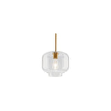 "A clear glass pendant light in a jar shape, suspended by a thin rod."