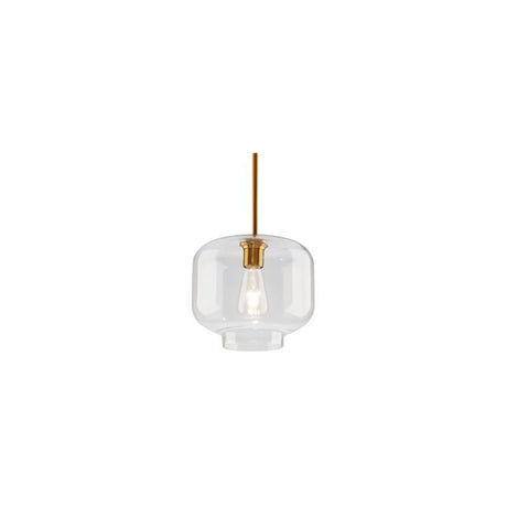 "A clear glass pendant light in a jar shape, suspended by a thin rod."