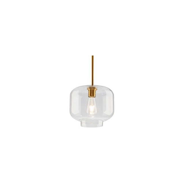 "A clear glass pendant light in a jar shape, suspended by a thin rod."