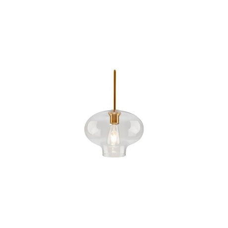 "A clear glass pendant light in a flat onion shape, suspended by a thin rod."