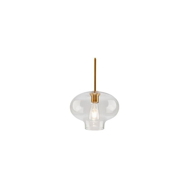 "A clear glass pendant light in a flat onion shape, suspended by a thin rod."