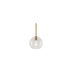 "A small clear glass pendant light in a spherical shape, suspended by a thin rod."