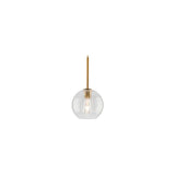 "A small clear glass pendant light in a spherical shape, suspended by a thin rod."