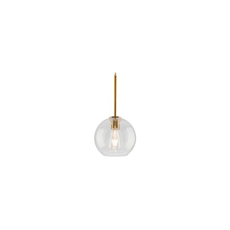 "A small clear glass pendant light in a spherical shape, suspended by a thin rod."