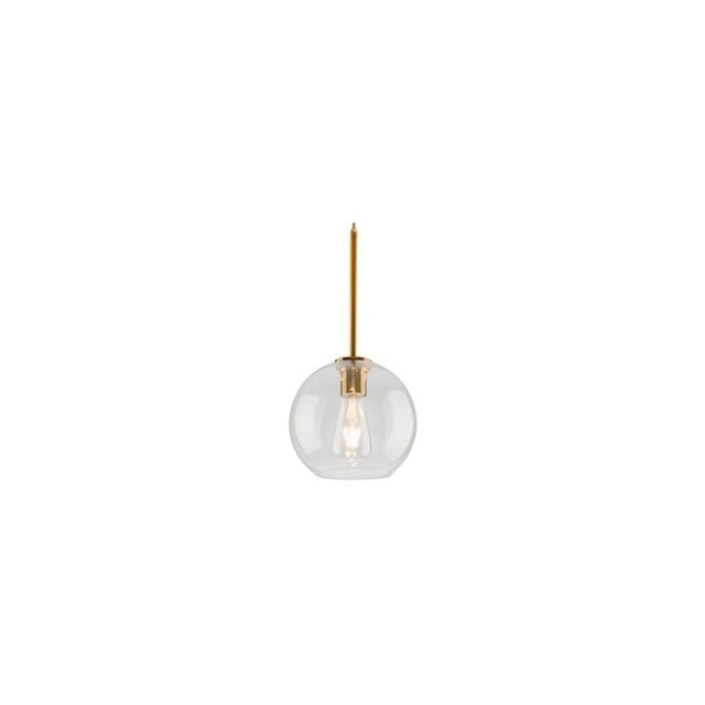 "A small clear glass pendant light in a spherical shape, suspended by a thin rod."