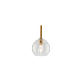 "A clear glass pendant light in a spherical shape, suspended by a thin rod."