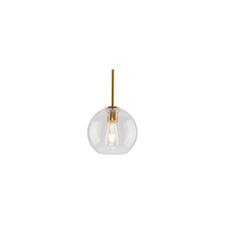 "A clear glass pendant light in a spherical shape, suspended by a thin rod."