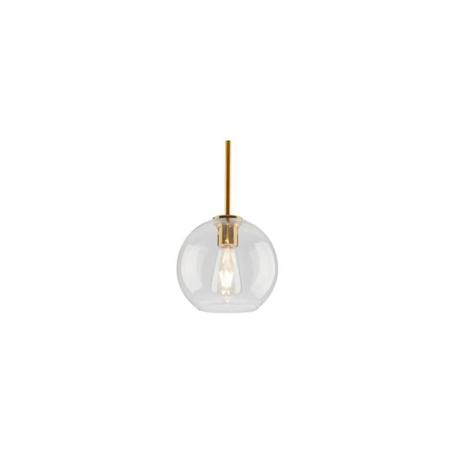 "A clear glass pendant light in a spherical shape, suspended by a thin rod."