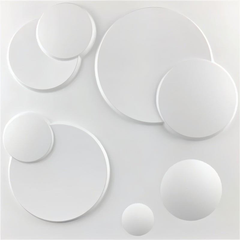 Close-up of Mundi Wall Panel showing 3D circular design in white PVC, ideal for decorative wall applications in residential or commercial spaces.