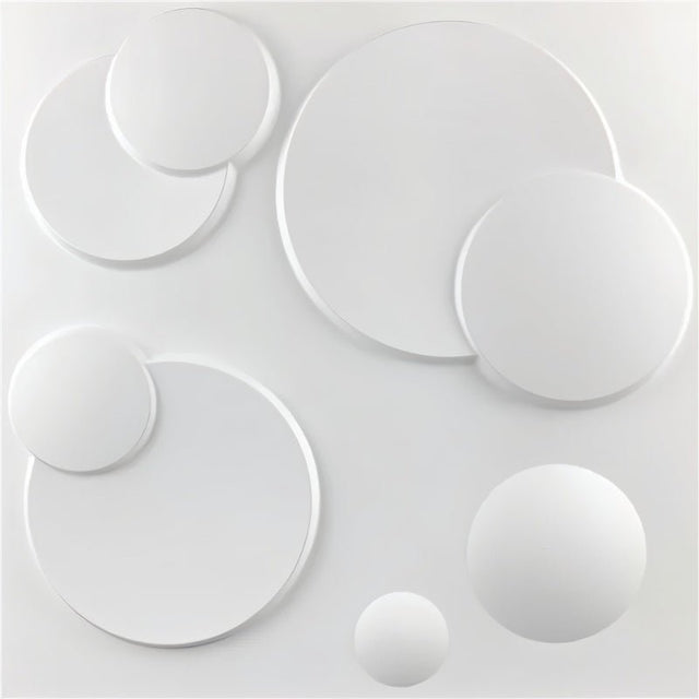 Close-up of Mundi Wall Panel showing 3D circular design in white PVC, ideal for decorative wall applications in residential or commercial spaces.