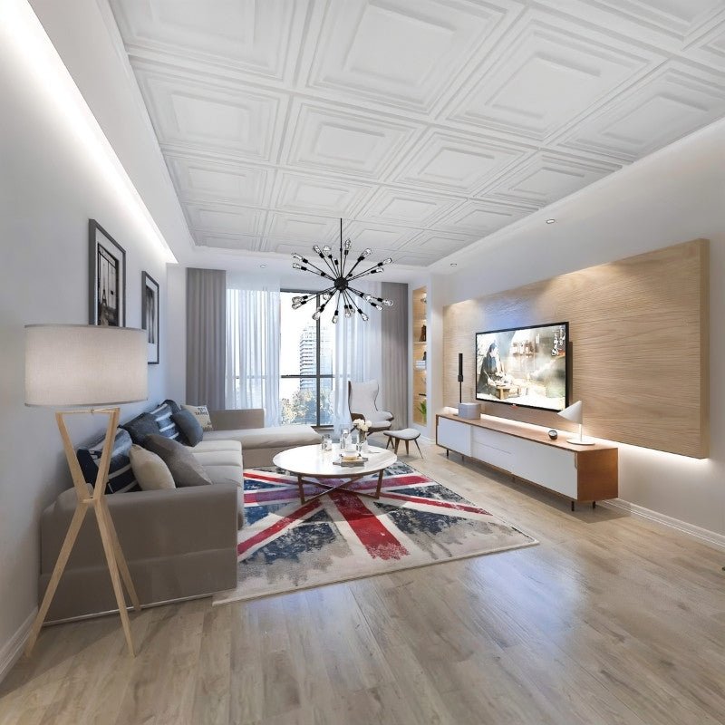 Musna PVC wall panels on the ceiling of a modern living space, combining style and easy installation for DIY home improvements.