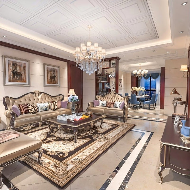 Musna PVC wall panels used in a luxurious classic-style living room, enhancing the ceiling with waterproof and rust-proof design.