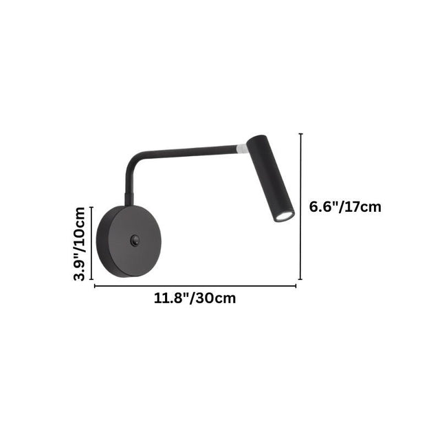 "A black wall lamp with a pivoting arm and cylindrical head, shown against a white background with dimension measurements."