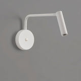 "A white wall lamp with a pivoting arm and cylindrical head, shown against a gray background."