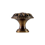 "Antique brass floral knob with raised petal detailing, isolated on a white background."