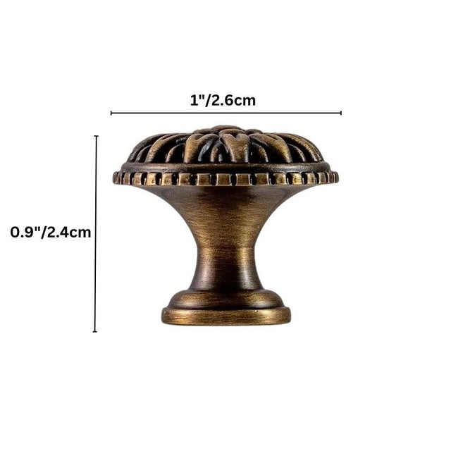 "Dimensions of an antique brass floral knob: 1 inch (2.6 cm) width and 0.9 inches (2.4 cm) height."