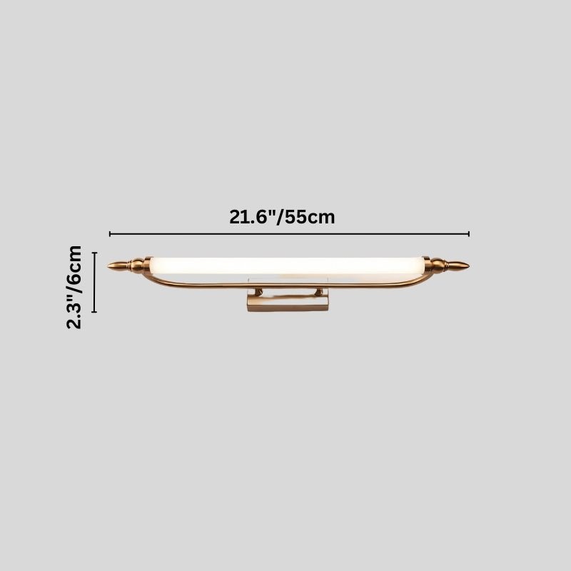 "A vintage-inspired LED wall lamp with labeled dimensions, showcasing its curved design and 21-inch length."
