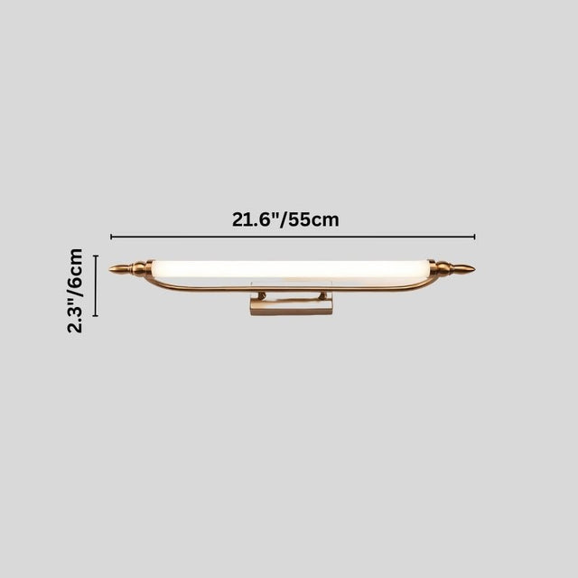 "A vintage-inspired LED wall lamp with labeled dimensions, showcasing its curved design and 21-inch length."