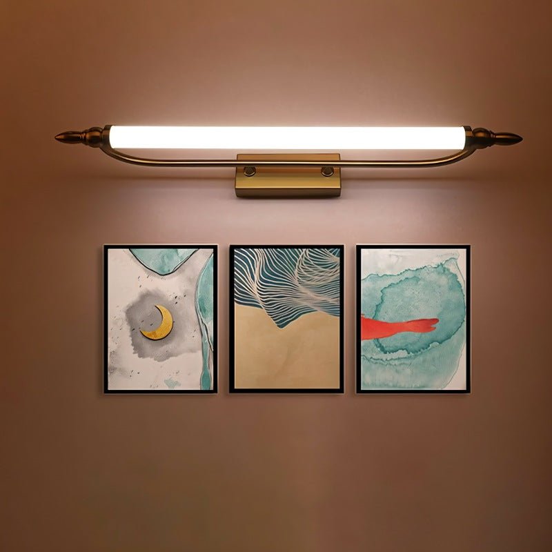"A vintage-inspired LED wall lamp illuminating three framed artworks on a wall."