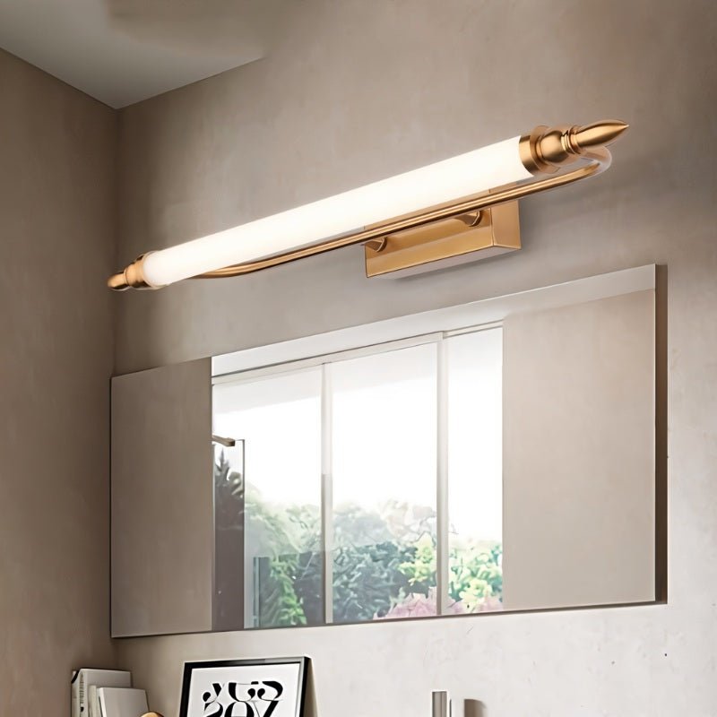 "A vintage-inspired LED wall lamp illuminating a bathroom mirror with a sink."