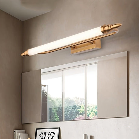 "A vintage-inspired LED wall lamp illuminating a bathroom mirror with a sink."
