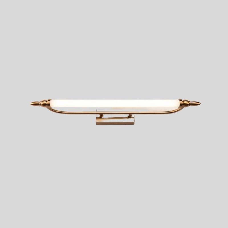 "A vintage-inspired LED wall lamp with a curved design and warm metallic finish."