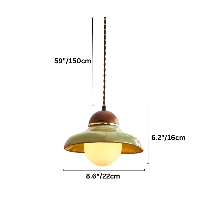 "Dimensions diagram of a ceramic and wood pendant light with a curved shade, showing measurements."