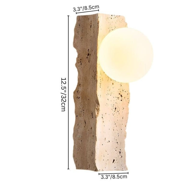 "wall lamp with raw travertine base and frosted glass globe, showing product dimensions in centimeters and inches"