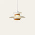 White metal tiered pendant light with warm gold interior accents, suspended against a neutral cream background.