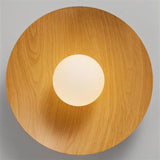 "wooden ceiling light with frosted glass globe, detailed dimensions, 13.7 inches width, 6.7 inches height"