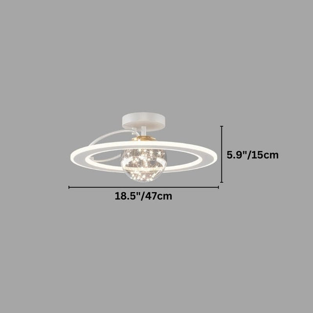 "A white ceiling light with two rings and a central glass sphere, shown against a gray background with dimension measurements."
