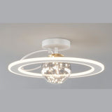 "A white ceiling light with two rings and a central glass sphere with fairy lights, shown against a light gray background."