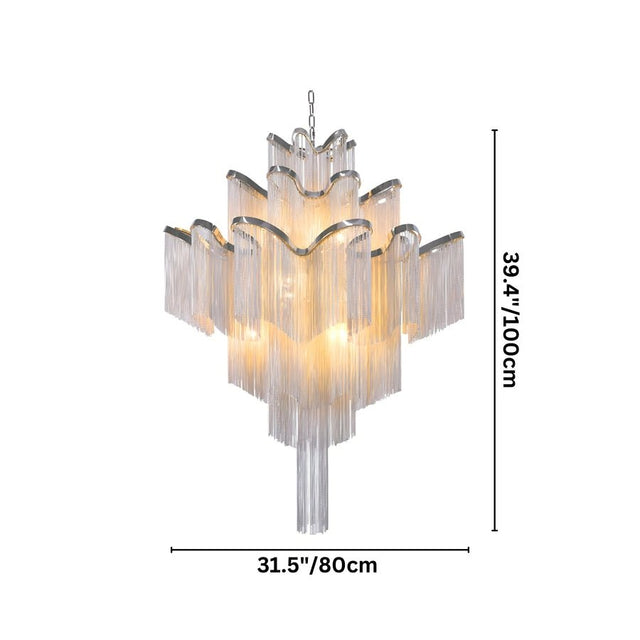 Nazra Chandelier – Open Box with dimensions 39.4'' height and 31.5'' width, featuring layered aluminum fringe for contemporary indoor lighting.