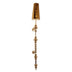 Gold wall lamp with cone shade and spherical brass stem details against white background.