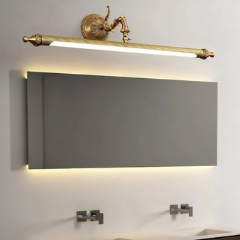 "A vintage-style wall lamp with intricate detailing illuminating a rectangular bathroom mirror with soft, uniform light."