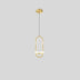 Gold brass pendant light with oval geometric frame and white accent band hanging from chain against gray background.